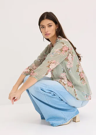 Tunika szyfonowa z nadrukiem • jasny szarozielony w kwiaty • sklep bonprix