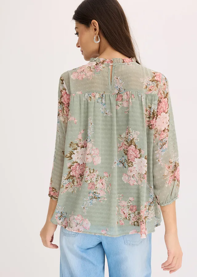 Chiffon tuniek bedrukt, Kleur: lichtrietgroen gebloemd