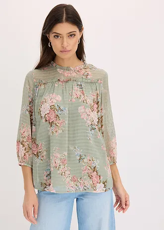 Chiffon tuniek bedrukt, Kleur: lichtrietgroen gebloemd