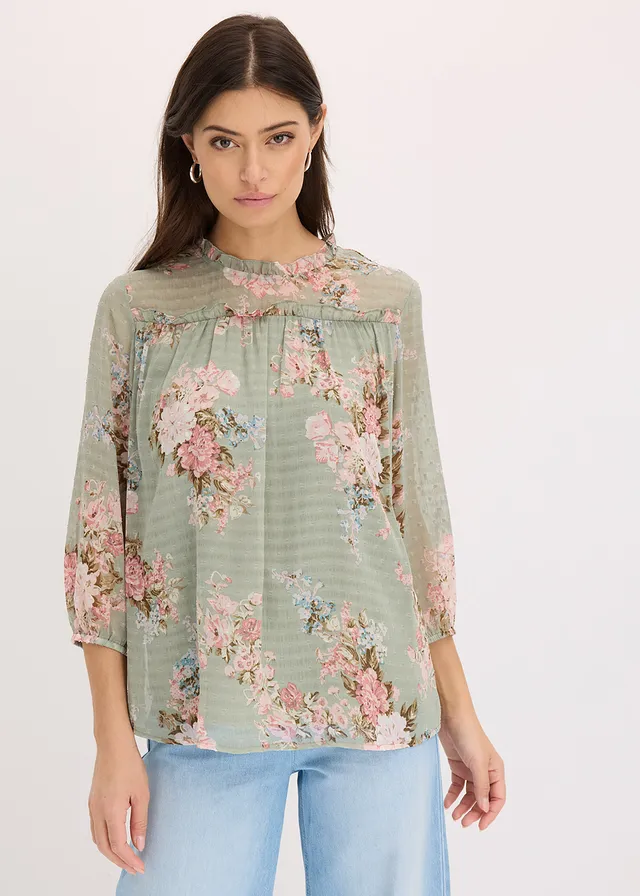 Chiffon tuniek bedrukt, Kleur: lichtrietgroen gebloemd
