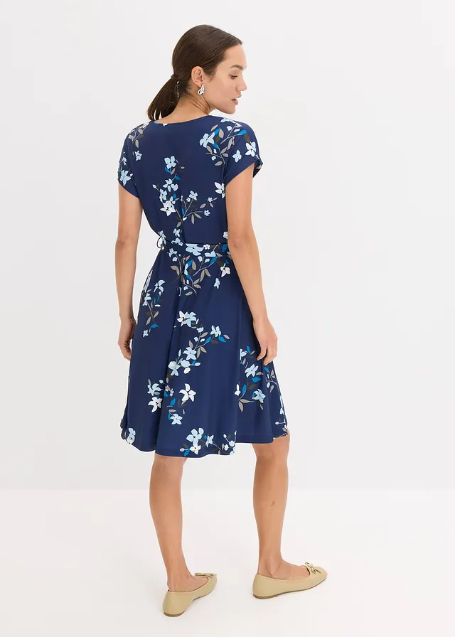 Jersey jurk in wikkellook, Kleur: blauw gebloemd