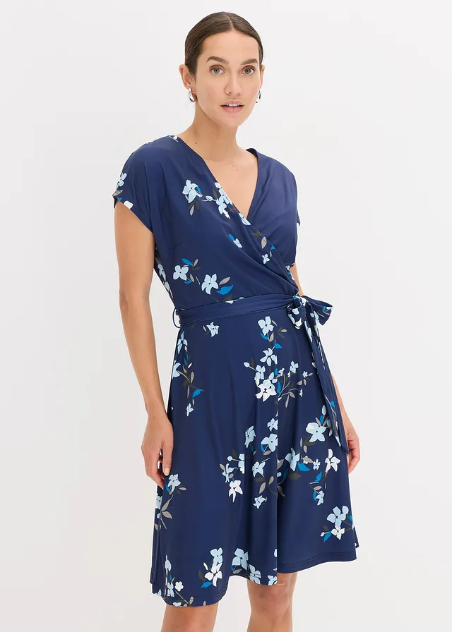 Jersey jurk in wikkellook, Kleur: blauw gebloemd