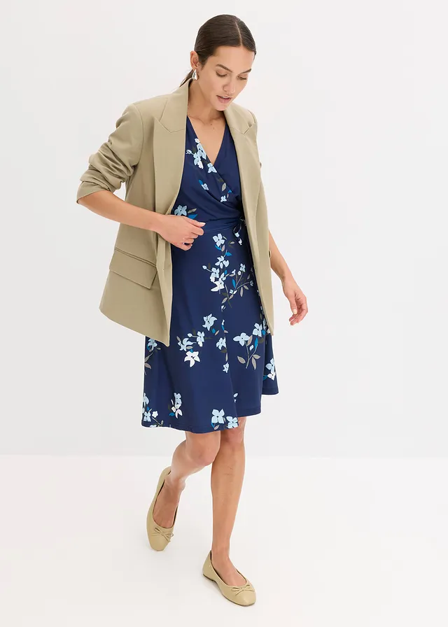 Jersey jurk in wikkellook, Kleur: blauw gebloemd