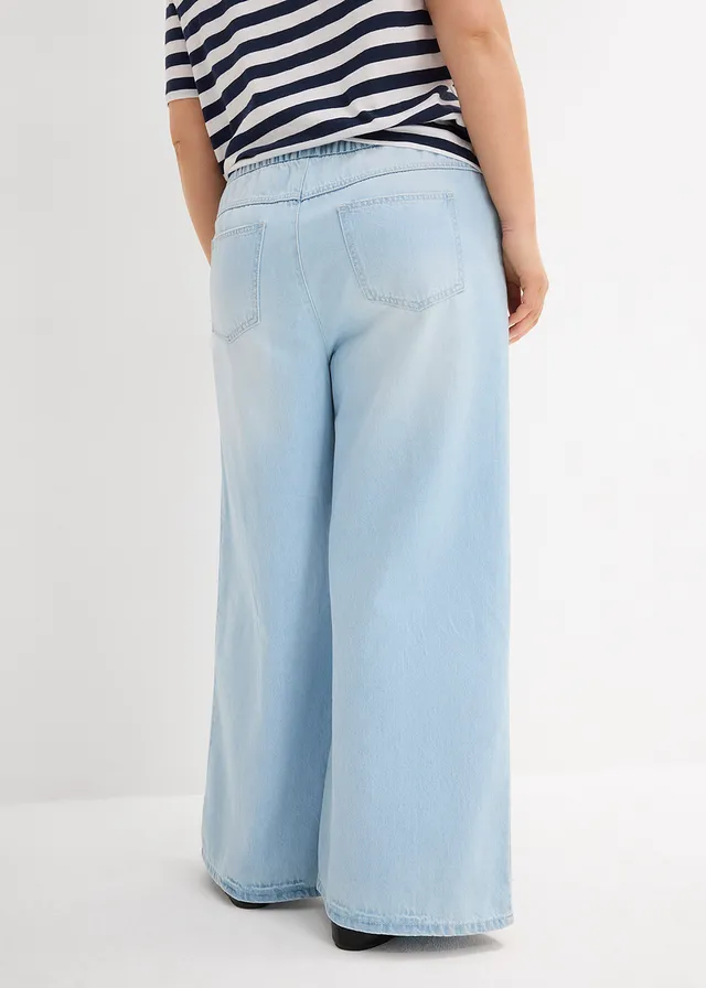 Wide leg jeans, mid waist, comfortabele band, Kleur: ijsblauw denim used