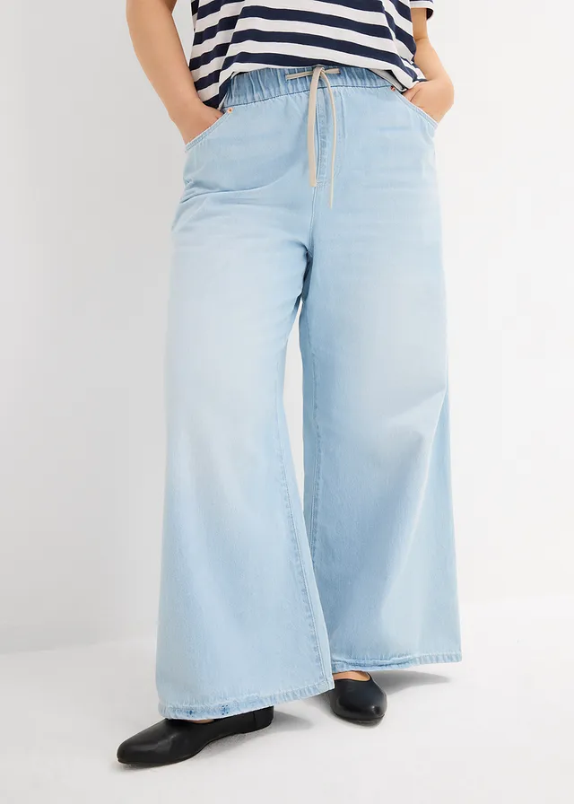 Wide leg jeans, mid waist, comfortabele band, Kleur: ijsblauw denim used