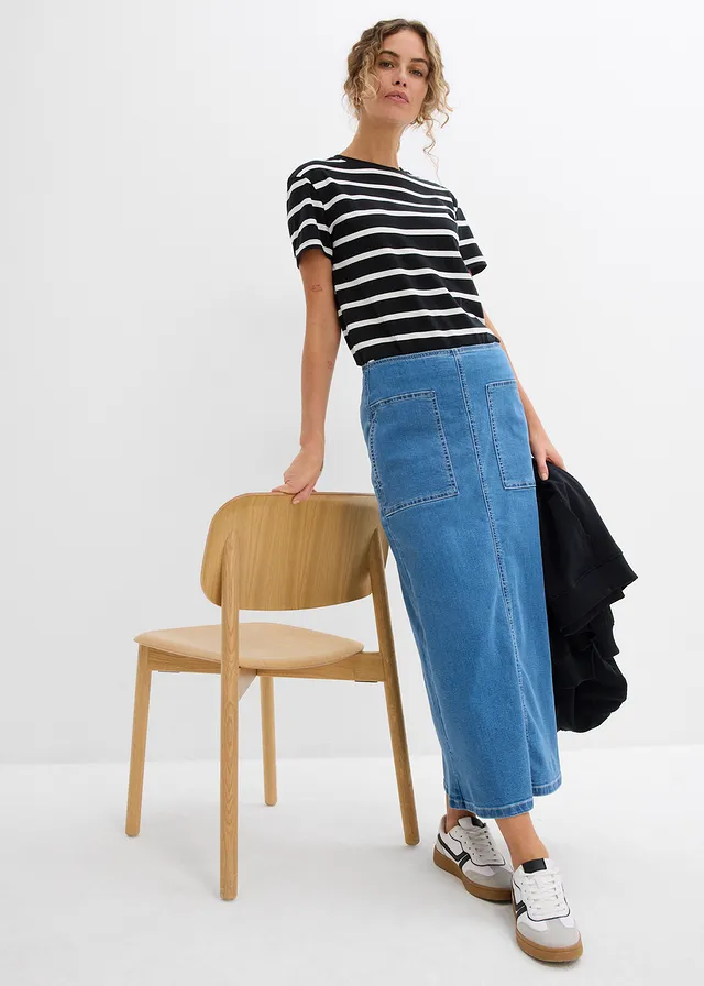 Jupe midi en jean, taille normale noir