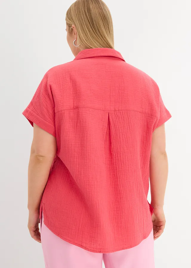 Blouse met korte mouwen van luchtige mousseline, Kleur: paradijspink