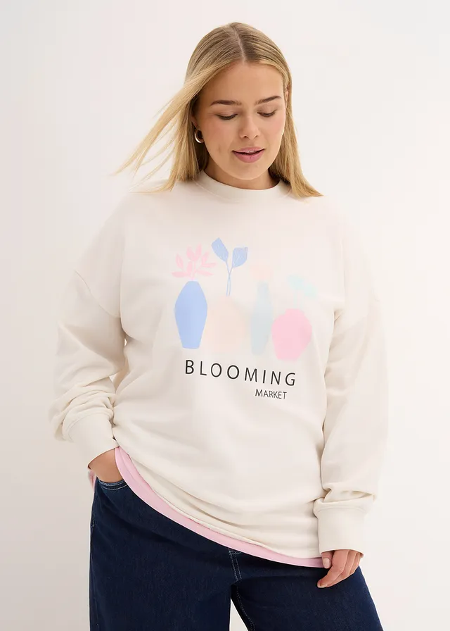 Sweat oversize en coton mélangé, Couleur: blanc cassé imprimé