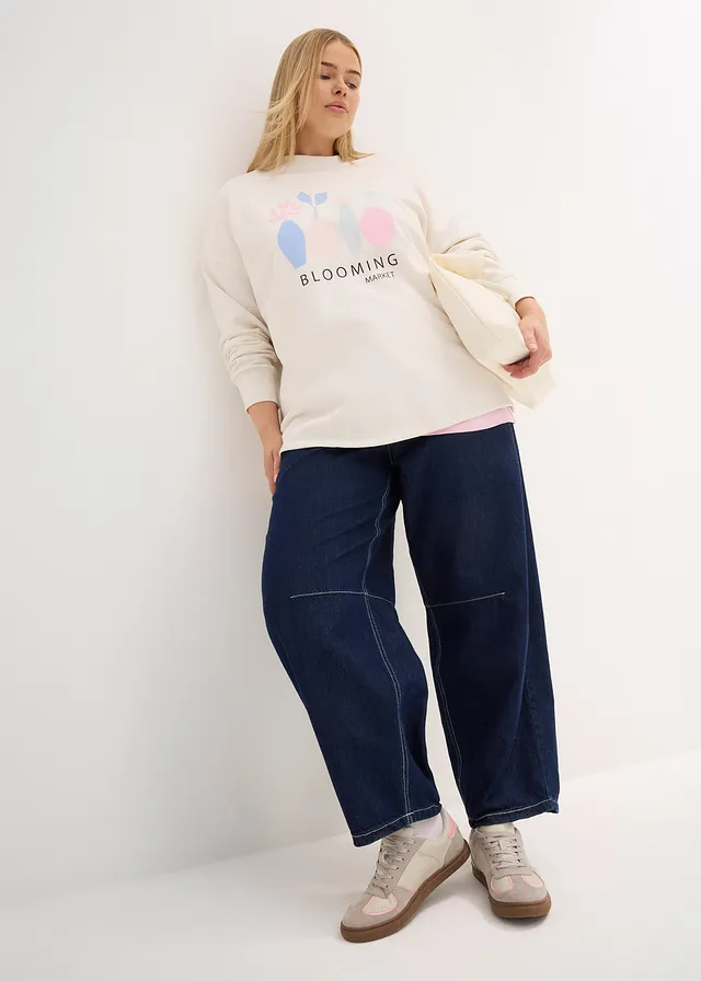 Sweat oversize en coton mélangé, Couleur: blanc cassé imprimé
