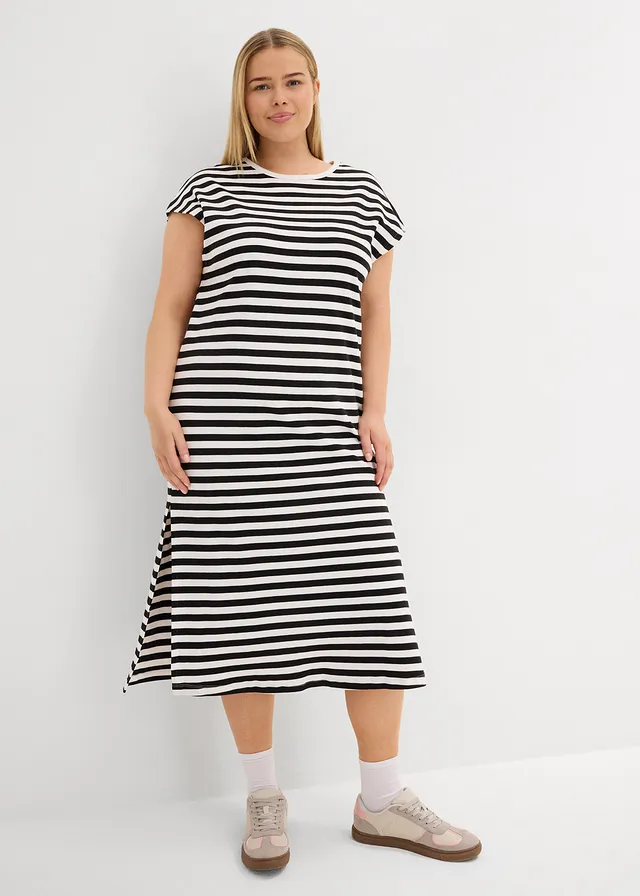 Robe en jersey 100% coton, Couleur: noir/blanc cassé rayé