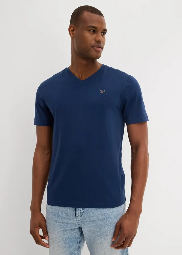Lot de 2 T-shirts col V 100% coton, Couleur: bleu profond + gris fumé
