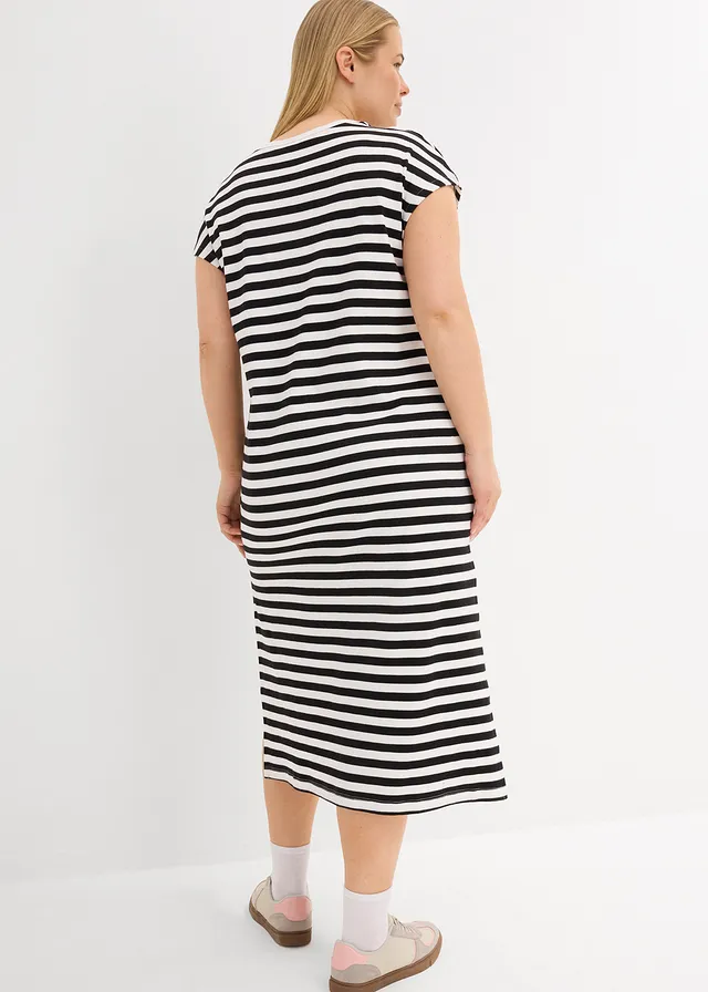 Robe en jersey 100% coton, Couleur: noir/blanc cassé rayé