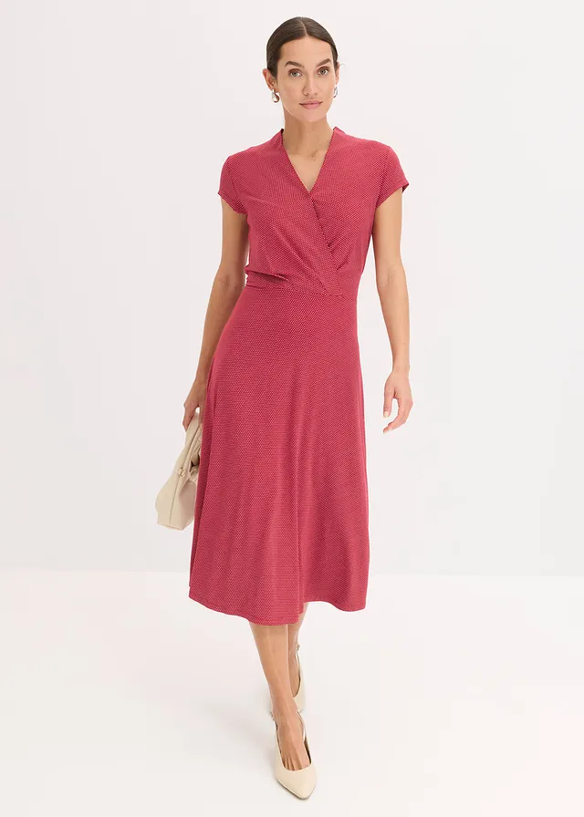 Robe midi en viscose extensible, Couleur: rouge carmin pois blanc