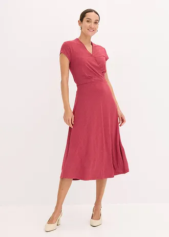 Robe midi en viscose extensible, Couleur: rouge carmin pois blanc