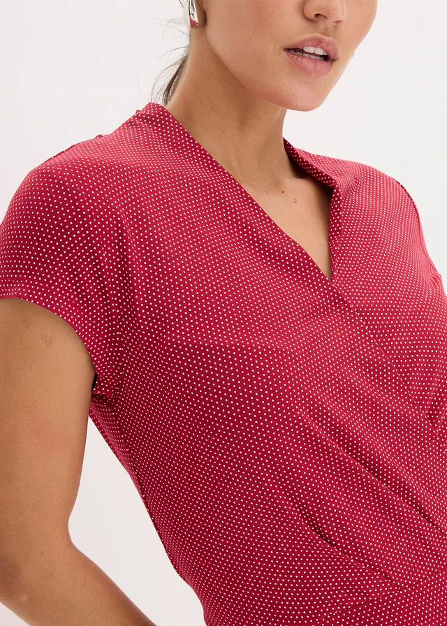 Robe midi en viscose extensible • rouge carmin pois blanc • product-page.page-title-suffix