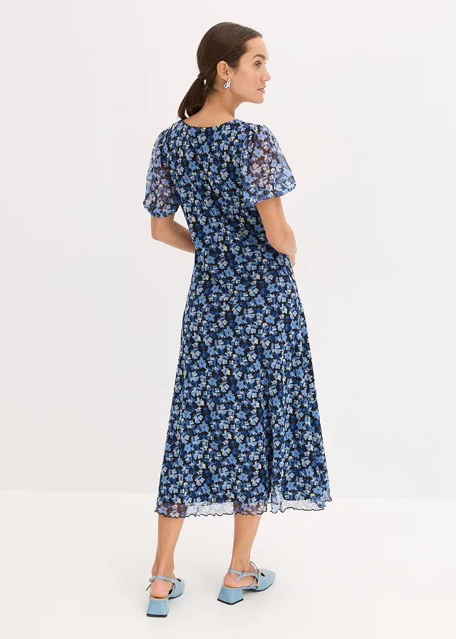 Gedessineerde midi-jurk van mesh, Kleur: blauw gebloemd