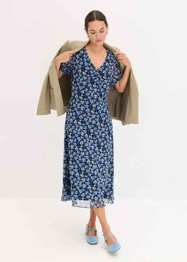 Robe midi en mesh imprimé, Couleur: bleu à fleurs