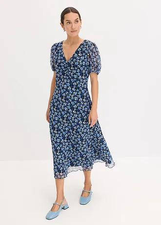 Gedessineerde midi-jurk van mesh, Kleur: blauw gebloemd