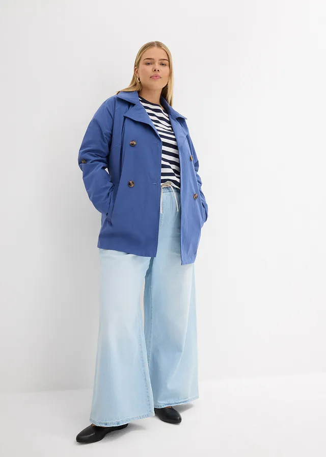 Jean large, taille mi-haute et élastiquée, Couleur: bleu glacier denim used
