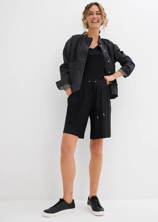 Bermuda en jersey de viscose fluide, Couleur: noir