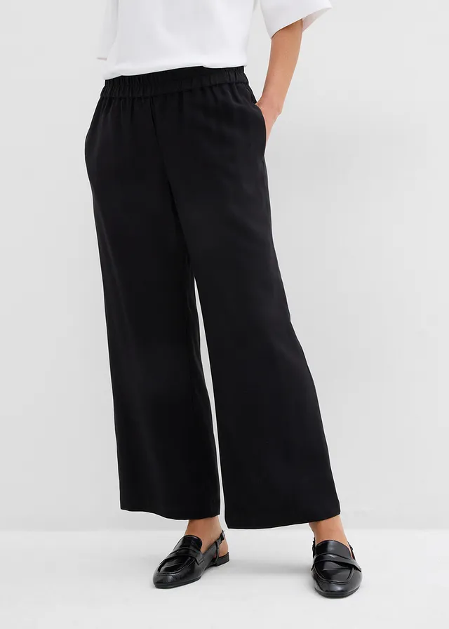 Pantalon large et doux en viscose mélangée, Couleur: noir