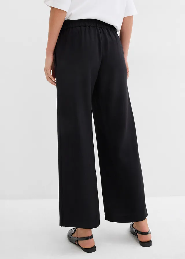 Pantalon large et doux en viscose mélangée, Couleur: noir