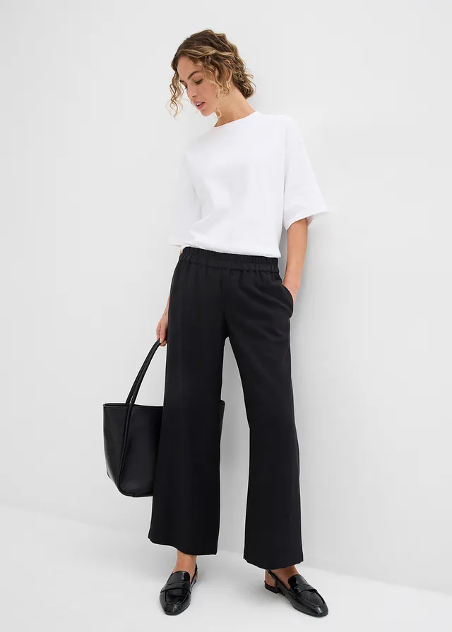 Pantalon large et doux en viscose mélangée, Couleur: noir