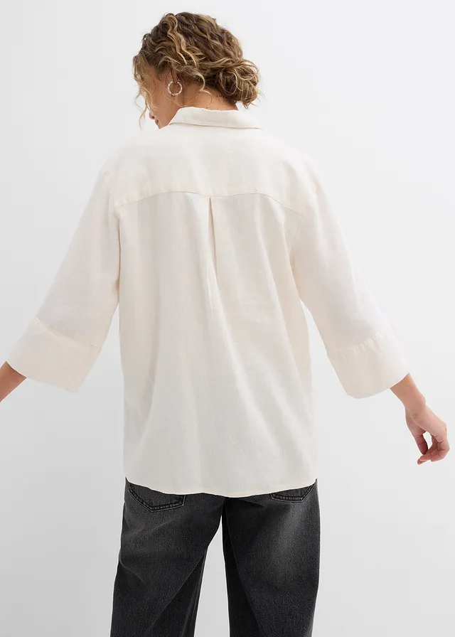 Overhemdblouse in een koele linnenmix, Kleur: natuurbeige