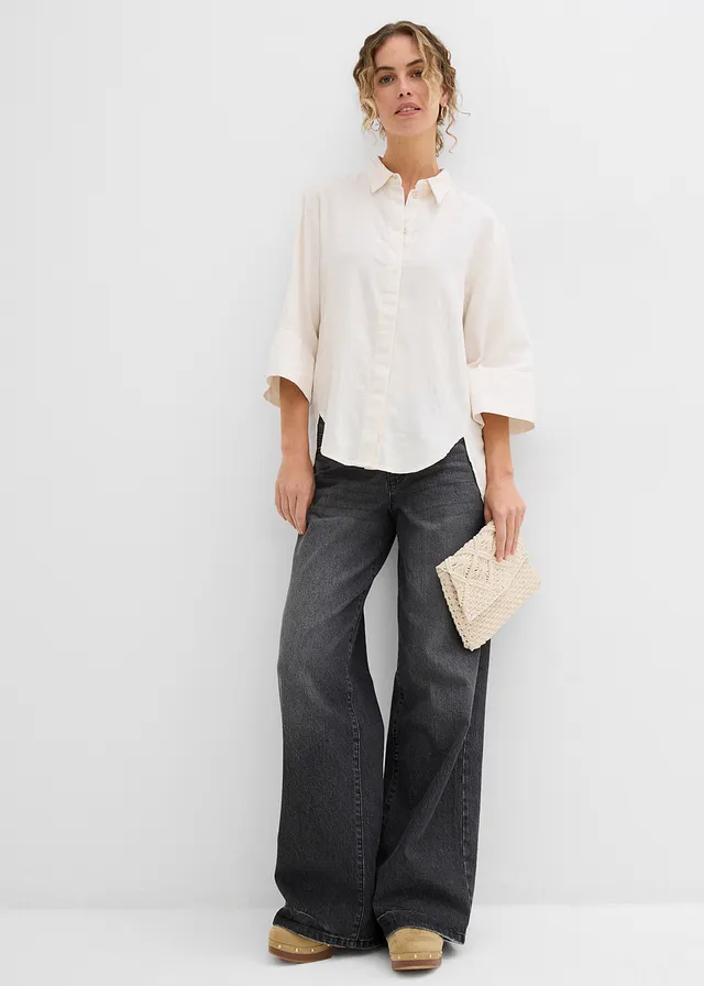 Overhemdblouse in een koele linnenmix, Kleur: natuurbeige