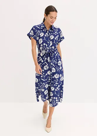 Rochie cu guler de cămașă din viscoză 100% • bleumarin profund/alb floral • magazin bonprix