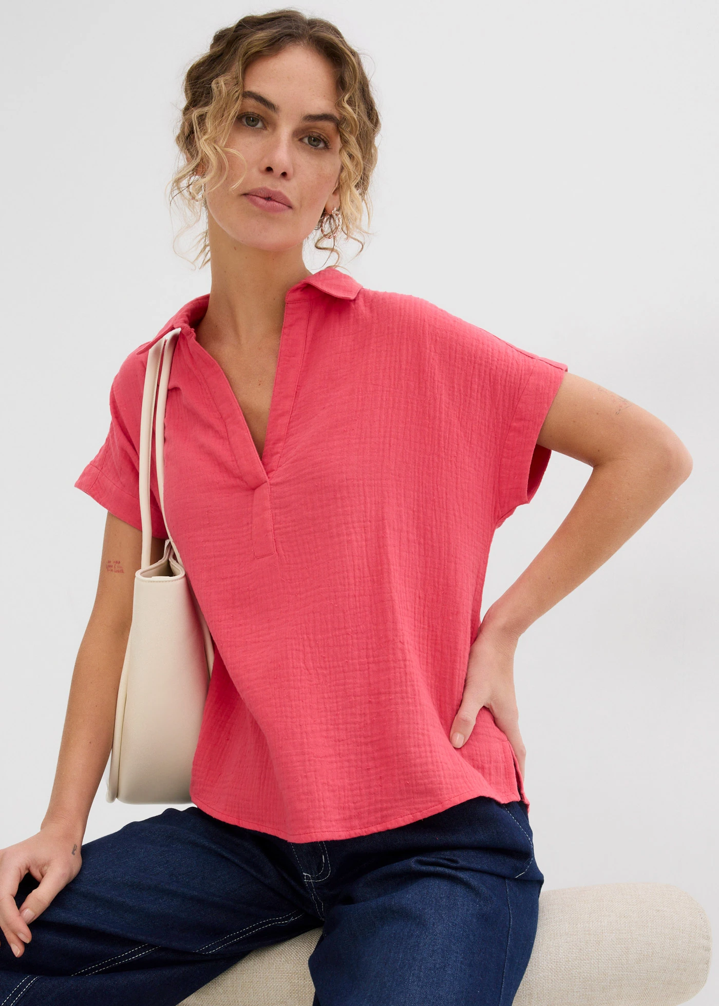 Halenka s krátkým rukávem, ze vzdušného mušelínu • rajská pink • bonprix obchod