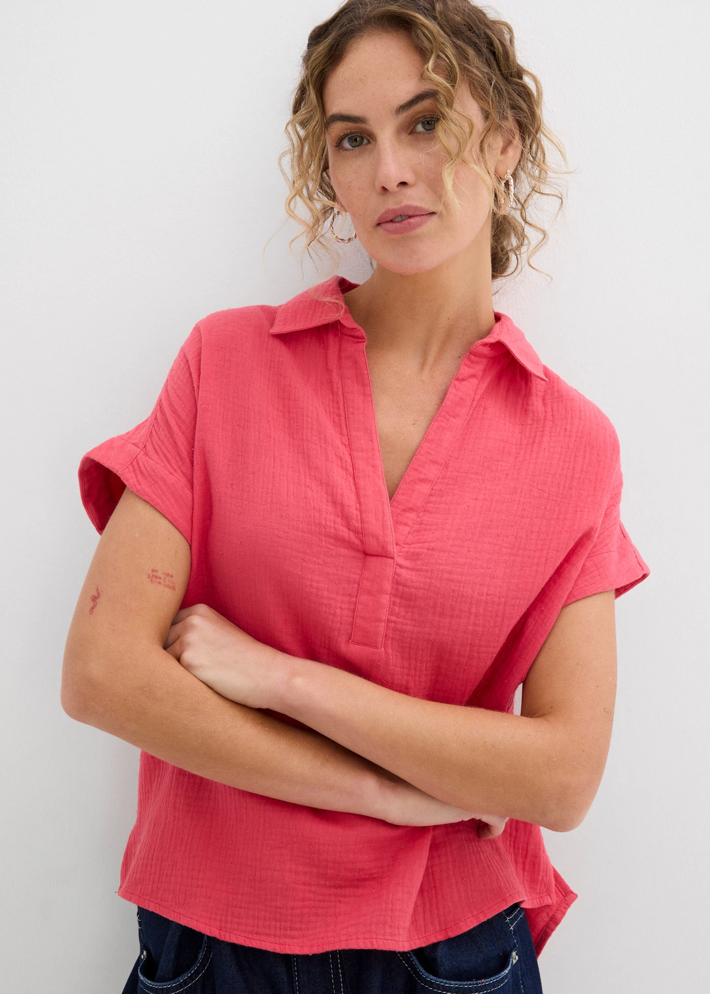 Blouse manches courtes en gaze de coton légère • rose paradis • Boutique bonprix