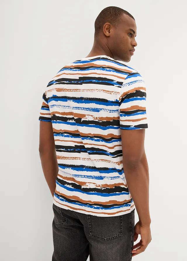 T-shirt en coton, Couleur: écru-marron châtaigne-bleu arctique-noir rayé
