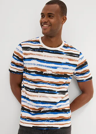 Tričko z organické bavlny, barva: přírodní bílo-kaštanově hnědo-arktická modro-černá  s proužky