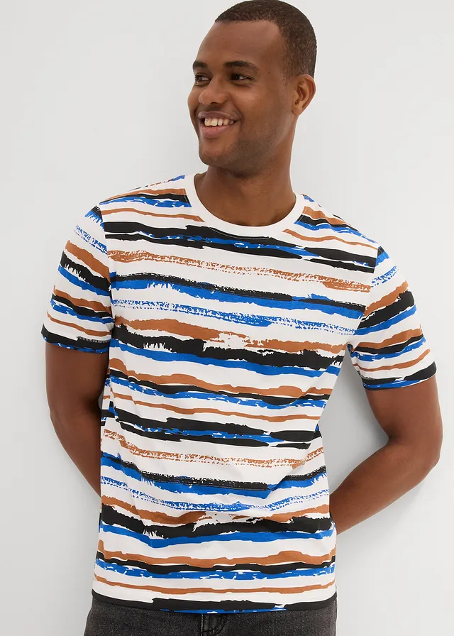 T-shirt van biologisch katoen, Kleur: wolwit/kastanjebruin/arctisch blauw/zwart gestreept