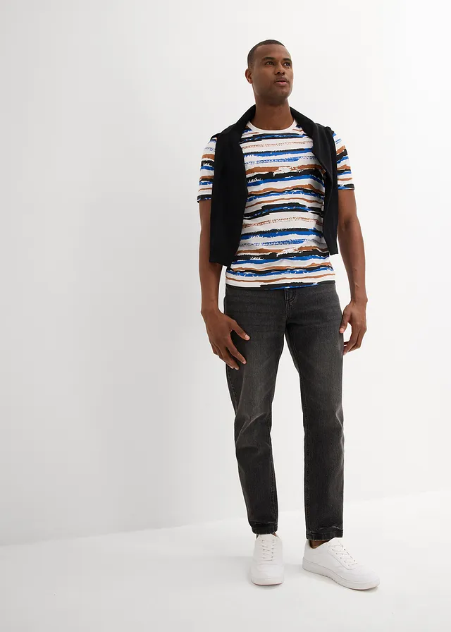 T-shirt en coton, Couleur: écru-marron châtaigne-bleu arctique-noir rayé