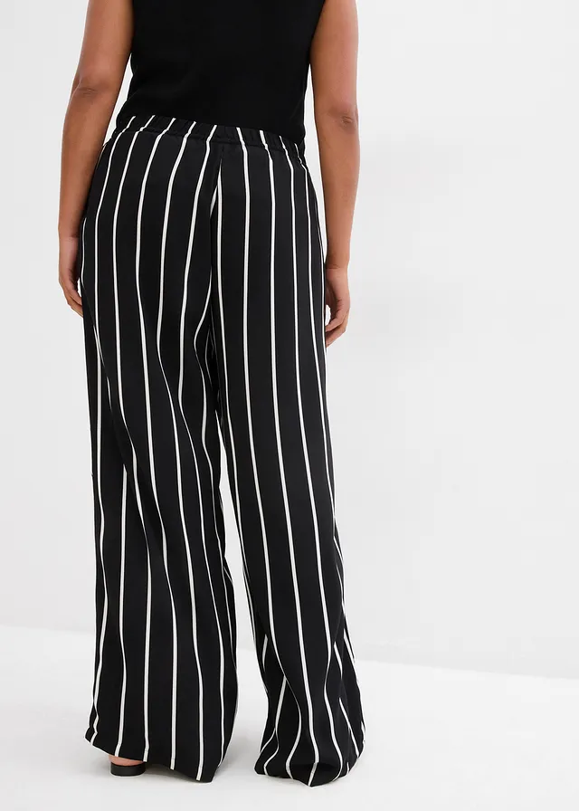 Pantalon large en crêpe léger, Couleur: noir-écru rayé