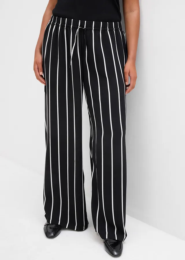 Pantalon large en crêpe léger, Couleur: noir-écru rayé