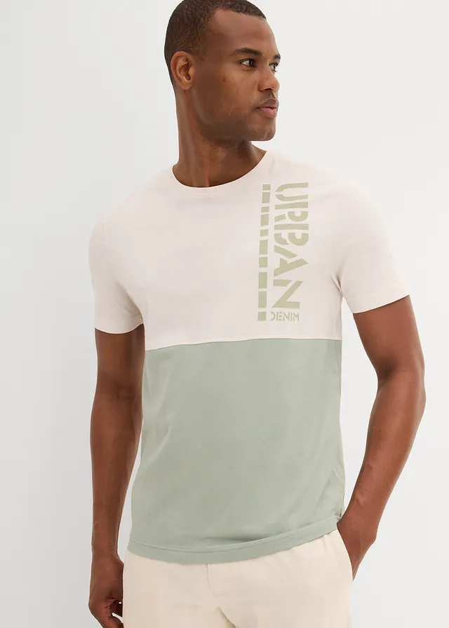 T-shirt, Kleur: poederwit -rookgroen