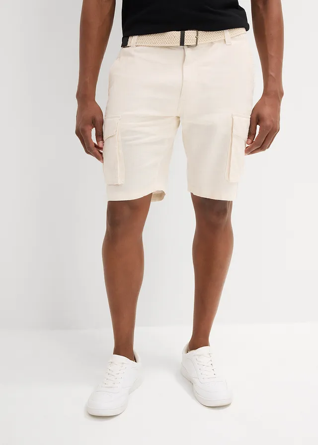 Bermuda cargo avec lin et ceinture, Regular, Couleur: beige naturel