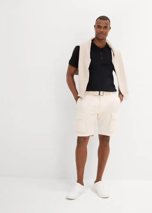 Cargo bermuda met linnen en riem, regular fit, Kleur: natuurbeige