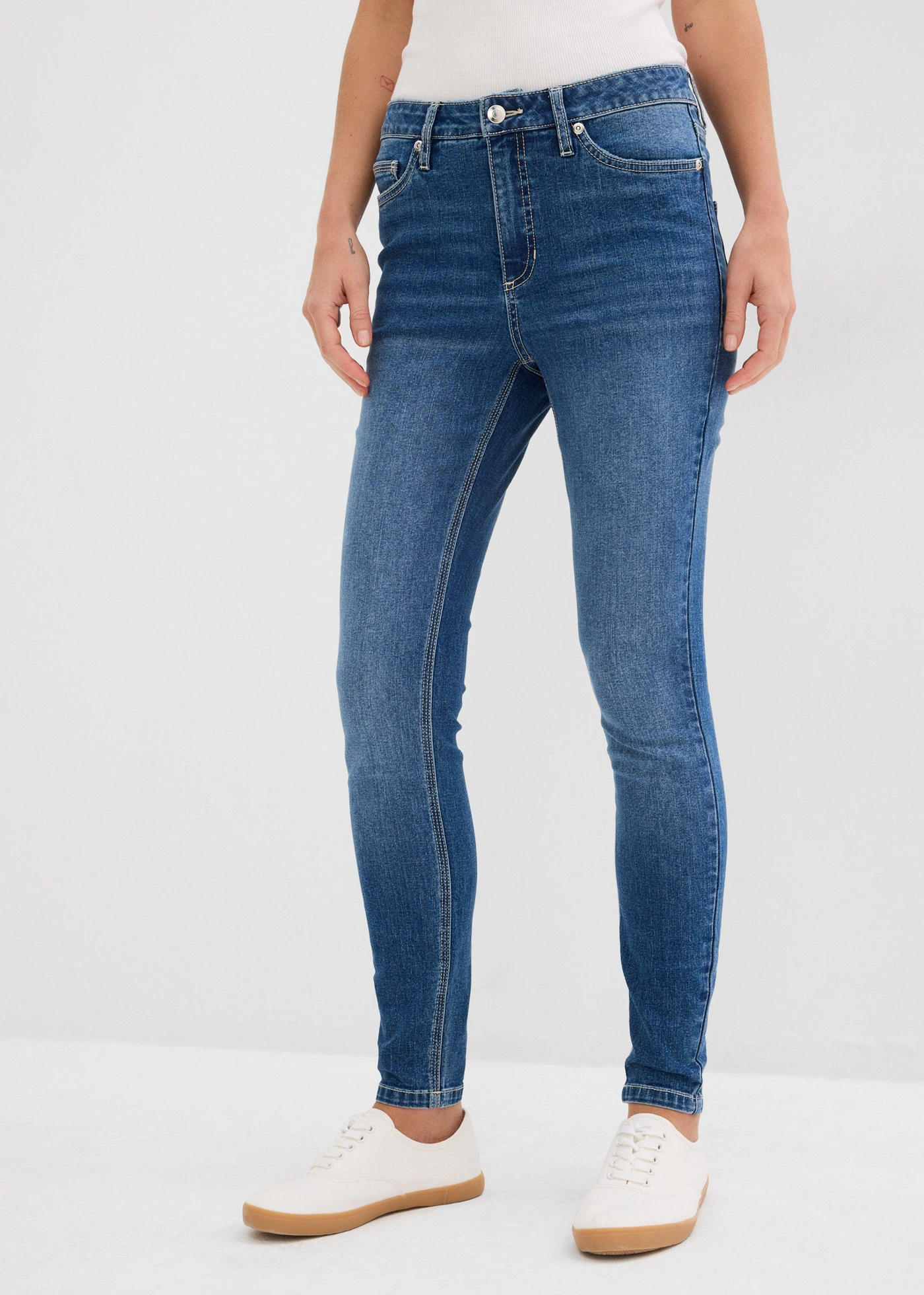 Dżinsy Skinny, mid waist, cropped • niebieski denim "used" • sklep bonprix