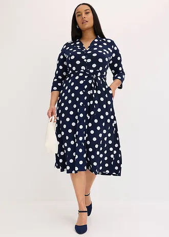 Robe-chemise avec lien à nouer (ens. 2 pces), Couleur: pois bleu foncé/blanc