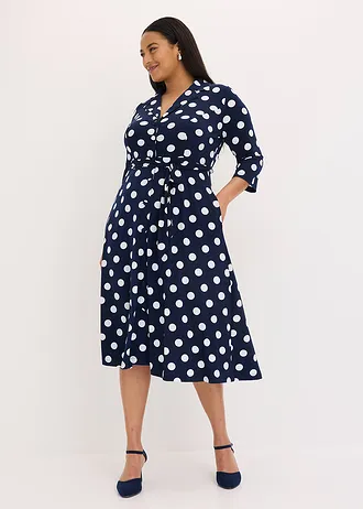 Robe-chemise avec lien à nouer (ens. 2 pces), Couleur: pois bleu foncé/blanc