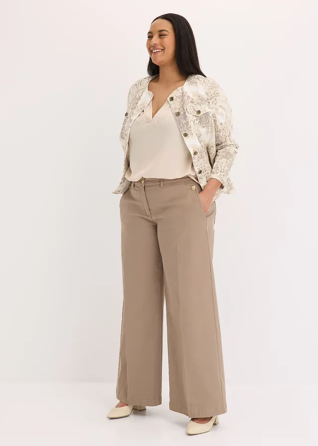 Wide leg broek met stretch, Kleur: lichtolijfgroen