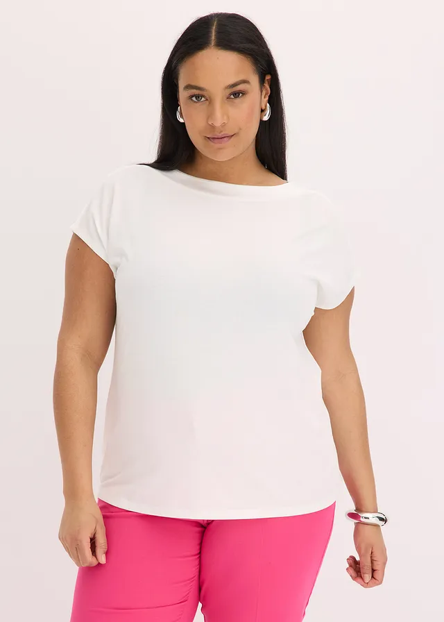 T-shirt avec bordure en satin, Couleur: écru
