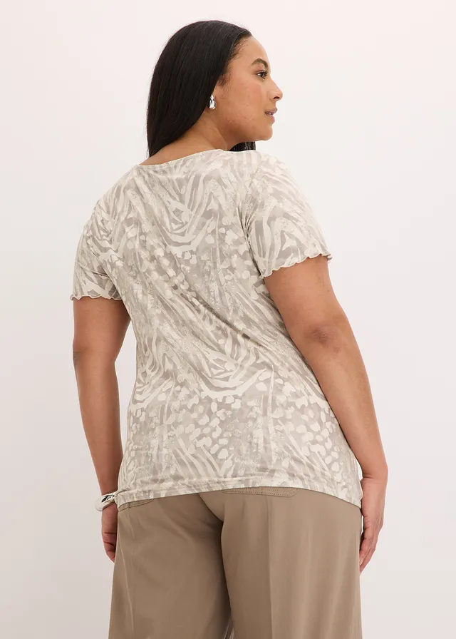 T-shirt à base élastiquée, Couleur: beige galet léopard