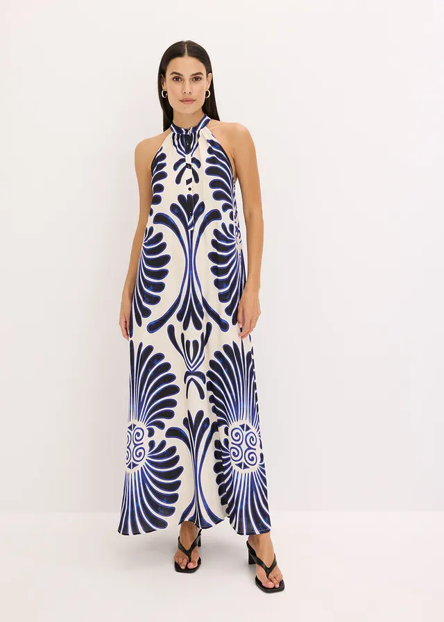 Wijde maxi jurk van vloeiende viscose • blauw-wit gedessineerd • product-page.page-title-suffix