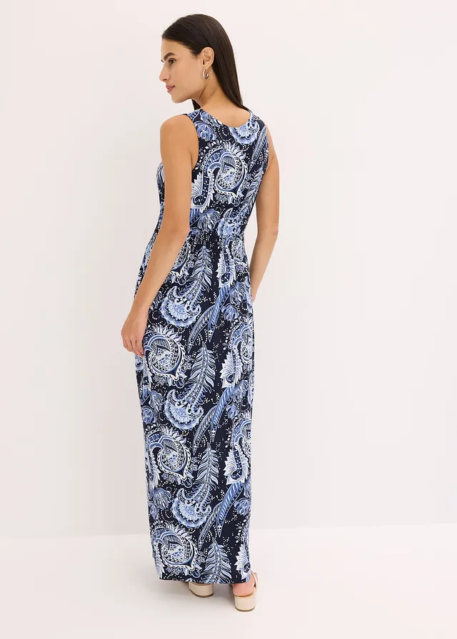 Robe longue en viscose douce et extensible, Couleur: bleu foncé-bleu clair paisley