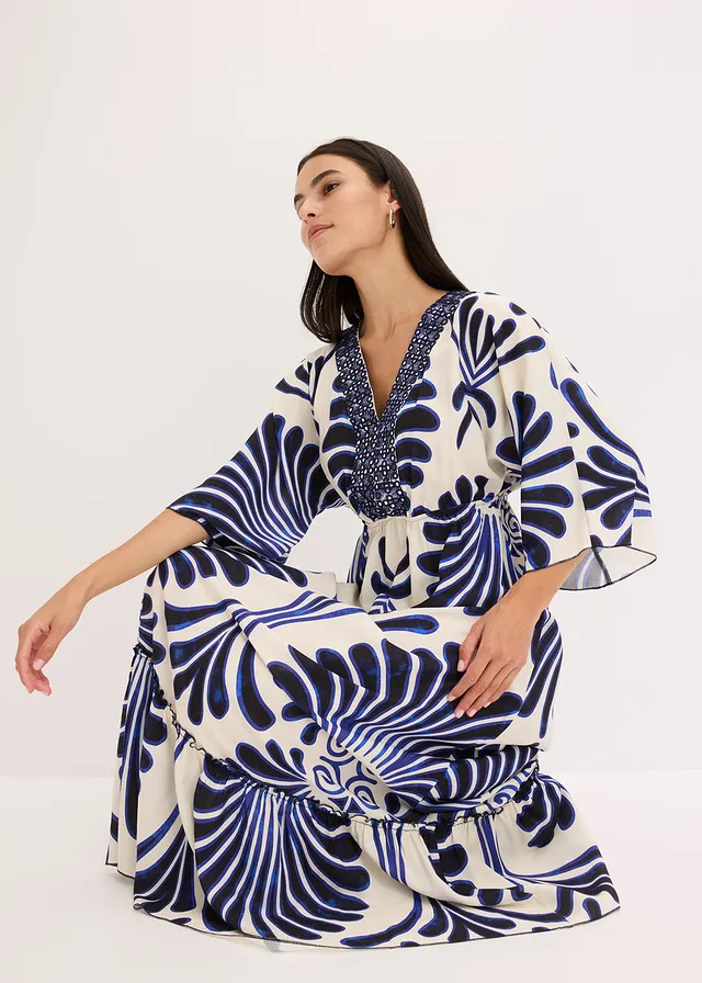 Robe longue en viscose fluide • bleu foncé/écru imprimé • product-page.page-title-suffix